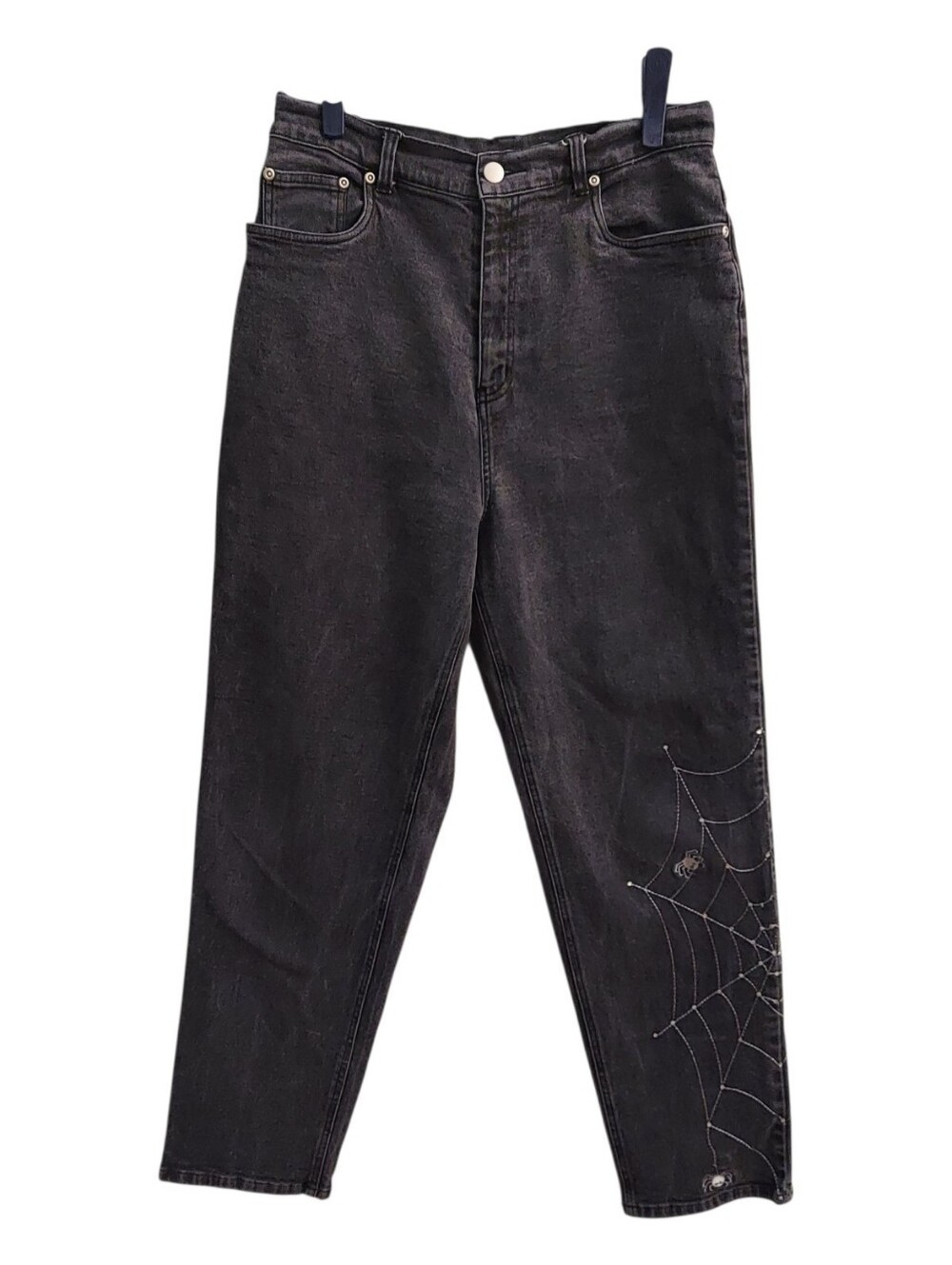 VINTAGE QUACKER FACTORY Goth Spiderweb Black Denim Embroidered Jeans 14